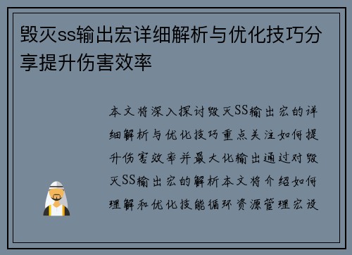 毁灭ss输出宏详细解析与优化技巧分享提升伤害效率